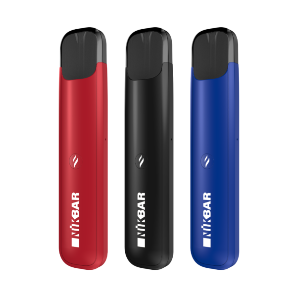 Three colors of the NPod Pod System. In red, black and blue respectively